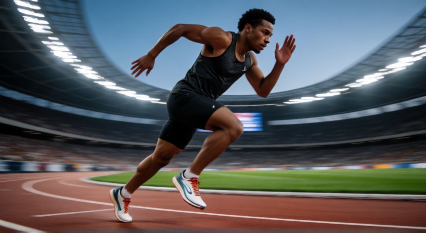es mejor correr lento o rapido, Atleta corriendo a alta velocidad en una pista de atletismo con desenfoque de movimiento