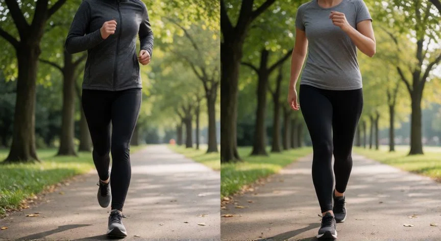 Persona corriendo y otra caminando rápido comparadas en un parque