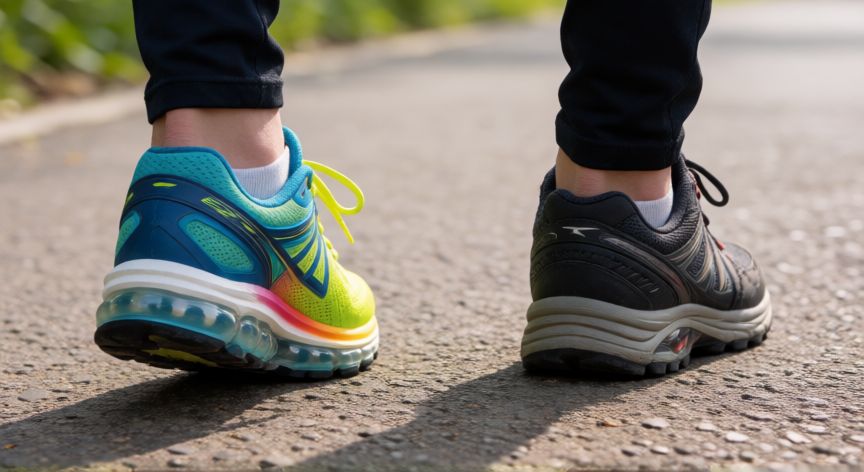 es mejor correr o andar, Detalle de zapatillas de correr y de caminar sobre el suelo