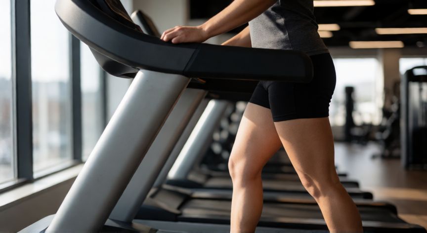es mejor correr o andar con inclinación, Persona caminando en una cinta de correr con alta inclinación