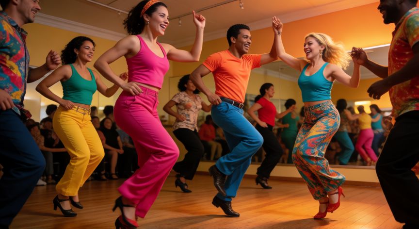 es mejor correr o bailar, Grupo de personas bailando salsa en un estudio con ambiente alegre y dinámico
