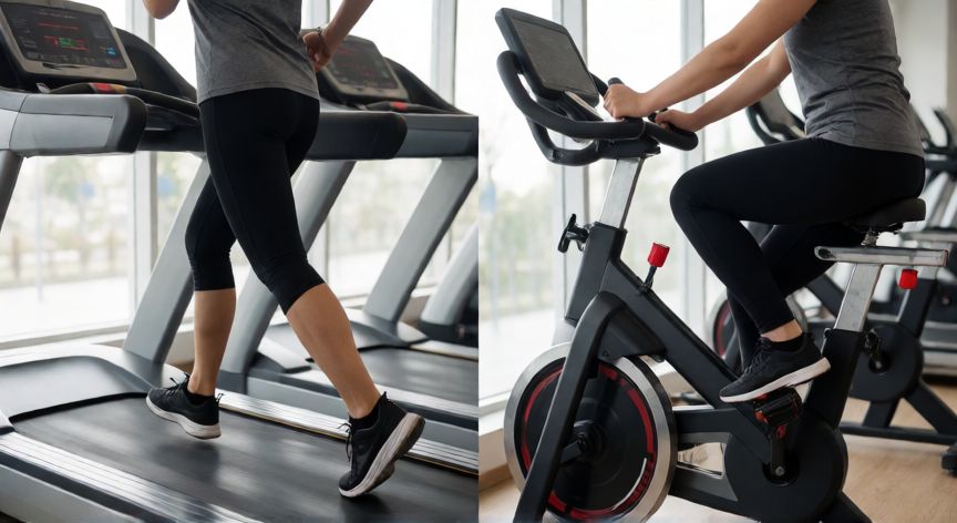 es mejor correr o bici estatica, Comparativa visual entre correr en cinta y pedalear en bici estática en un gimnasio