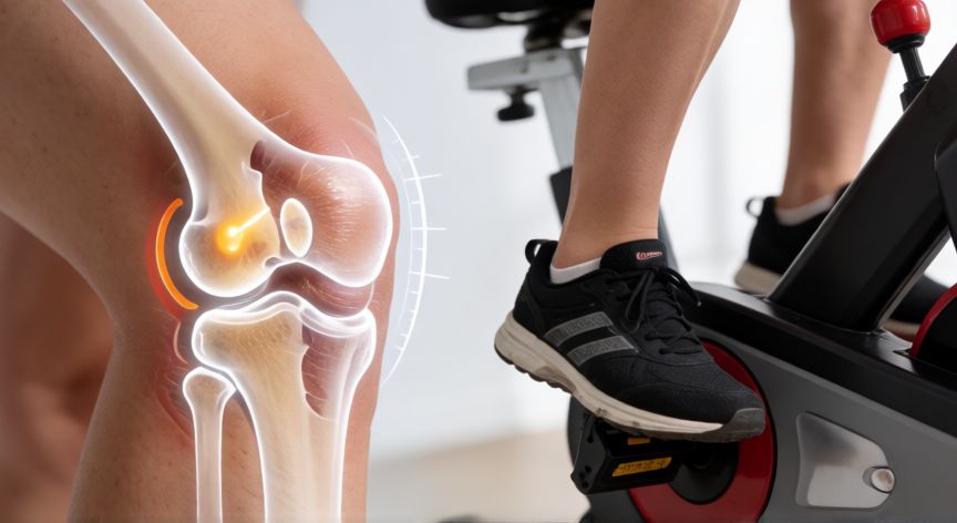 es mejor correr o bici estatica, Detalle anatómico de la rodilla y pedaleo en bicicleta estática para salud articular