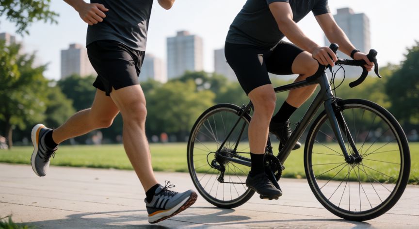 es mejor correr o bicicleta, Comparativa entre un corredor y un ciclista en un parque urbano