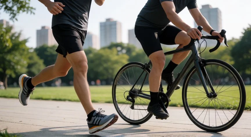 Comparativa entre un corredor y un ciclista en un parque urbano