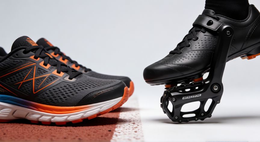 es mejor correr o bicicleta, Detalle de zapatillas de correr y pedales de bicicleta lado a lado