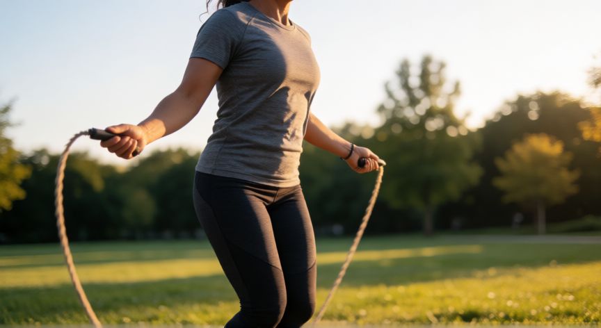 es mejor correr o brincar la cuerda, Persona saltando la cuerda en el parque al atardecer