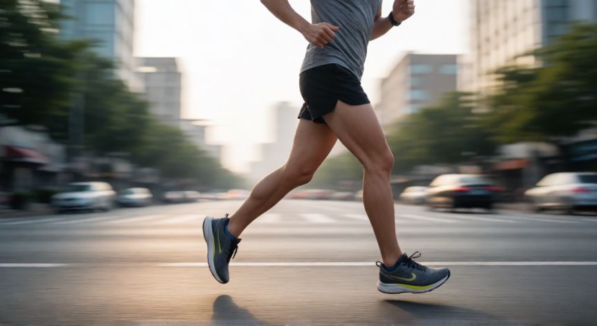es mejor correr o brincar la cuerda, Corredor trotando por una calle urbana en la mañana