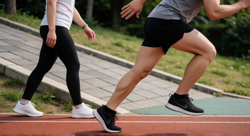 es mejor correr o caminar inclinado, Comparativa visual entre una persona corriendo y otra caminando en pendiente al aire libre