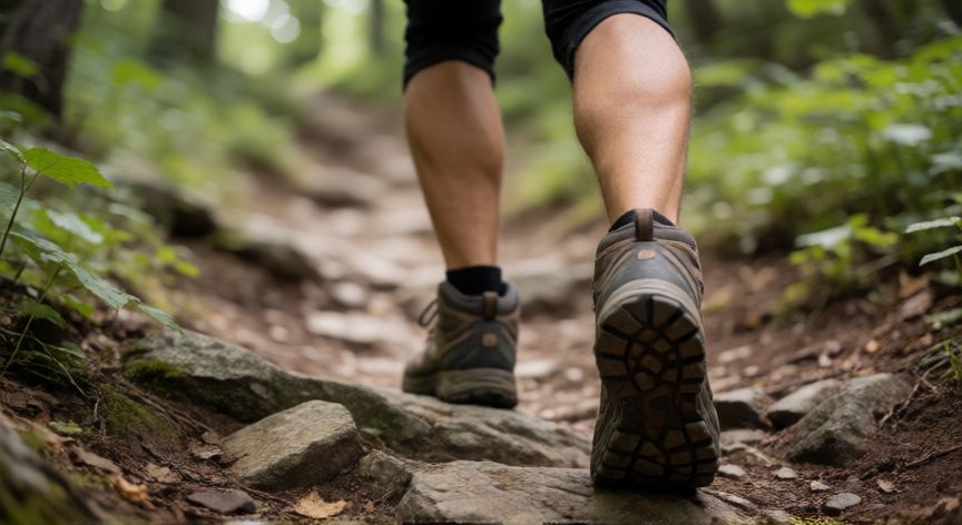 es mejor correr o caminar inclinado, Primer plano de piernas caminando por un camino empinado de montaña