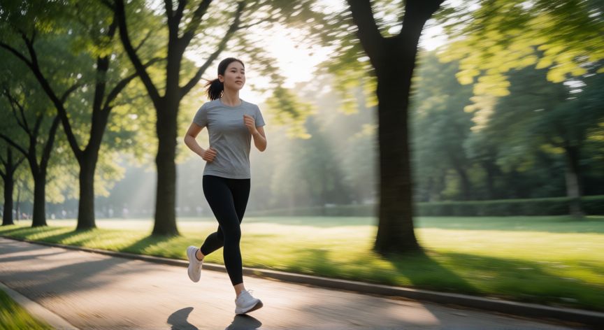 es mejor correr o caminar para bajar de peso, Mujer corriendo en un parque arbolado por la mañana