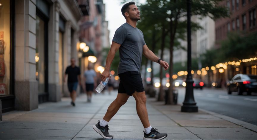 es mejor correr o caminar para bajar de peso, Hombre caminando rápido por una acera urbana al atardecer