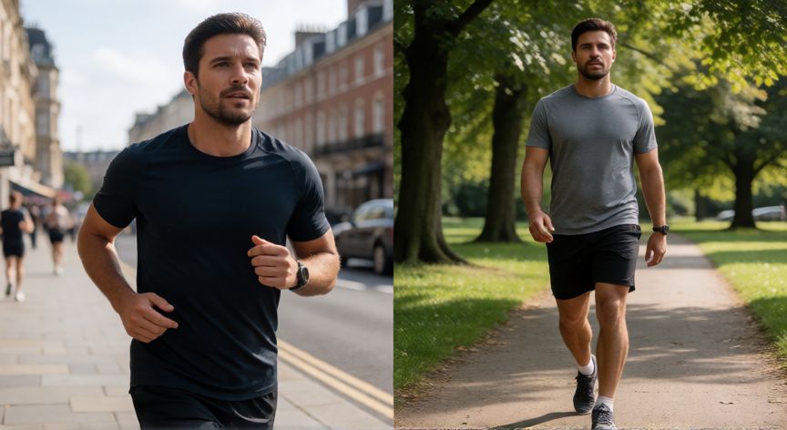es mejor correr o caminar para quemar grasa, Comparativa visual de correr y caminar en exteriores para quema de grasa