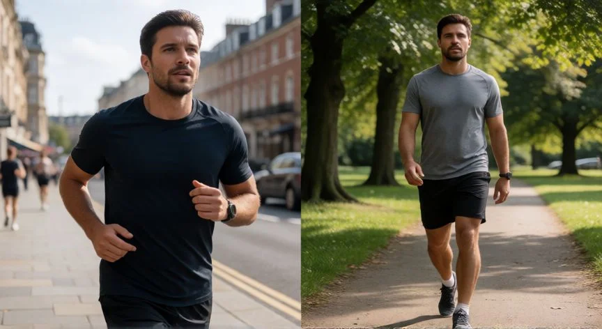 Comparativa visual de correr y caminar en exteriores para quema de grasa