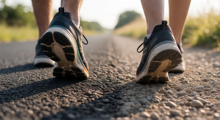 es mejor correr o caminar para quemar grasa, Detalle de zapatillas de correr y caminar sobre diferentes superficies