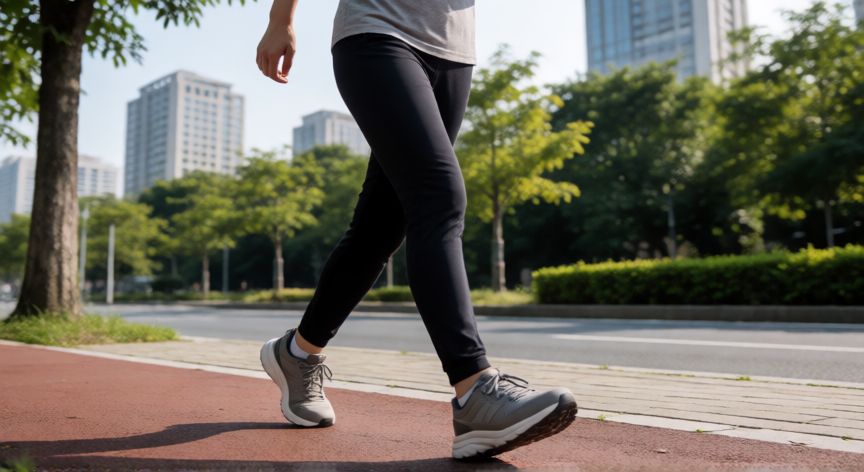 es mejor correr o caminar rapido, Persona caminando rápido con buena postura demostrando la técnica del power walking