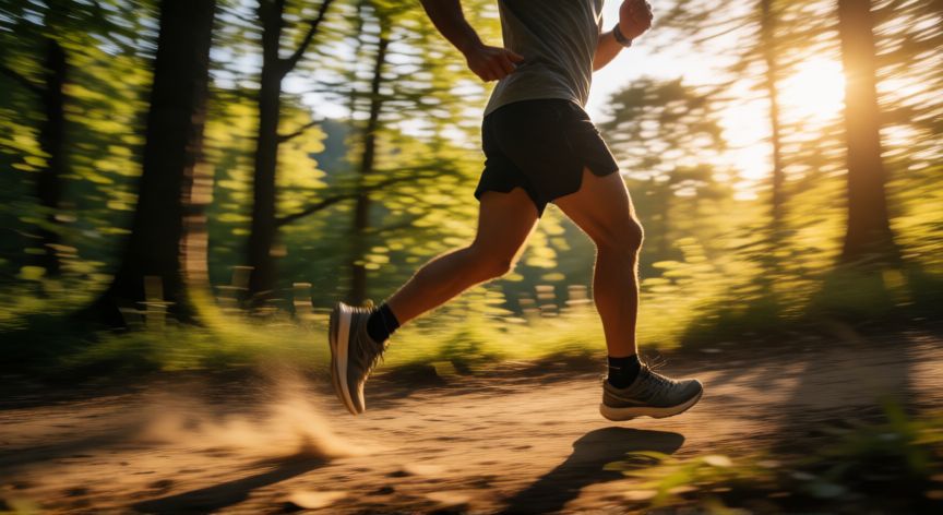 es mejor correr o gym, Persona corriendo por un bosque al atardecer disfrutando del ejercicio aeróbico