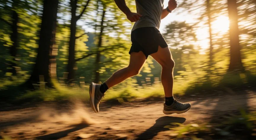Persona corriendo por un bosque al atardecer disfrutando del ejercicio aeróbico