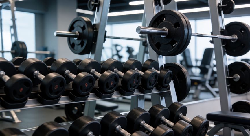 es mejor correr o gym, Equipamiento de pesas libres y mancuernas en un gimnasio moderno
