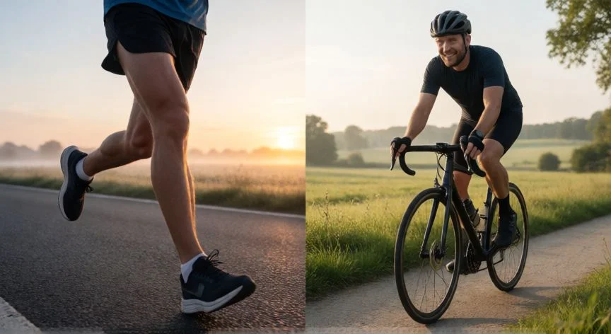 Comparativa entre un corredor y un ciclista en acción al amanecer