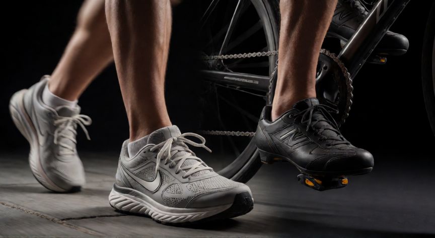 es mejor correr o hacer bicicleta, Primer plano de zapatos de correr y bicicleta mostrando el impacto
