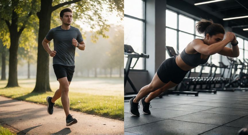 es mejor correr o hacer burpees, Comparativa visual entre un corredor en un parque y una persona haciendo burpees en el gimnasio