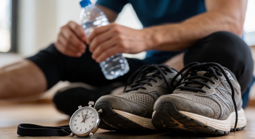 es mejor correr o hacer burpees, Zapatillas de correr y cronómetro simbolizando la eficiencia del tiempo en el entrenamiento