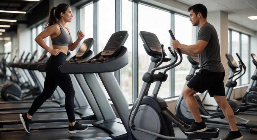 es mejor correr o hacer cardio, Comparación entre correr en cinta y usar elíptica en un gimnasio moderno