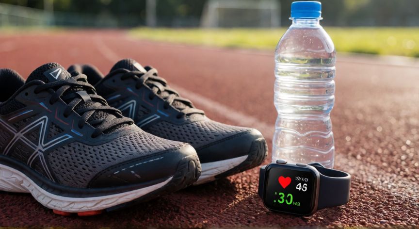 es mejor correr o hacer cardio, Zapatillas de correr y reloj deportivo en una pista de atletismo