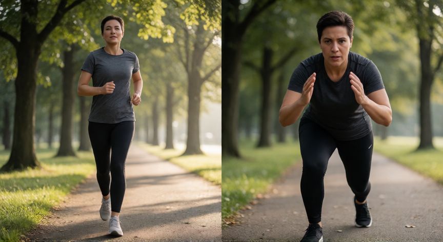 es mejor correr o hacer cardio hiit, Comparación visual entre correr a ritmo constante y entrenamiento HIIT intenso
