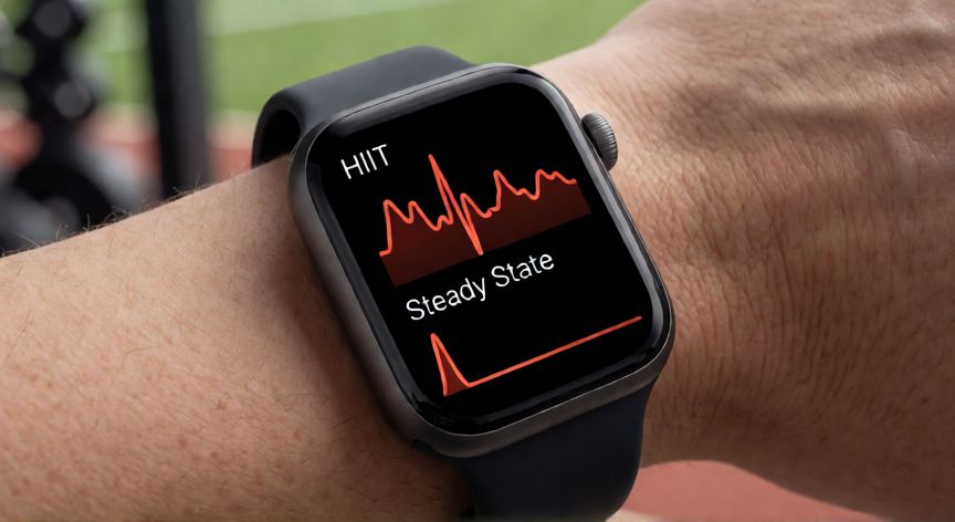es mejor correr o hacer cardio hiit, Reloj inteligente mostrando datos de frecuencia cardíaca comparando HIIT y trote suave