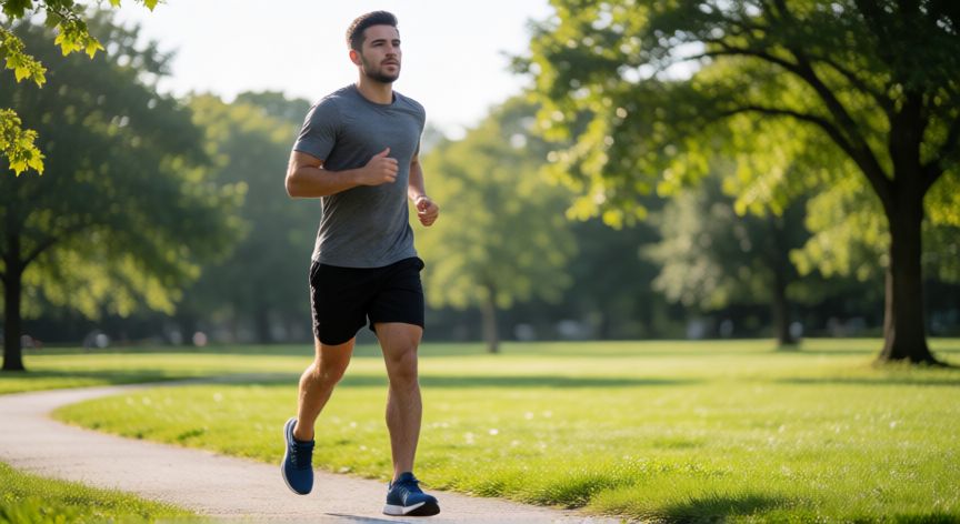 es mejor correr o hacer ejercicio, Hombre corriendo en un parque por la mañana para hacer ejercicio cardiovascular