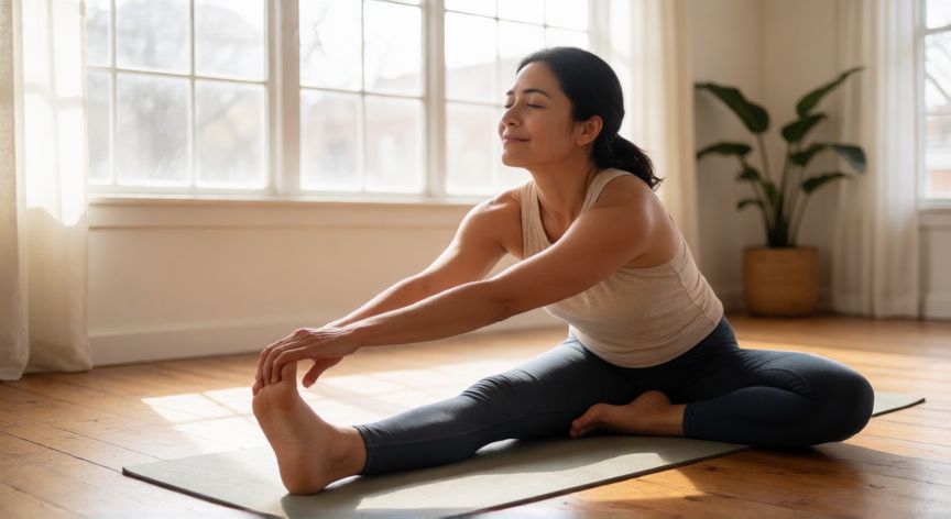 es mejor correr o hacer ejercicio, Mujer practicando yoga en un estudio luminoso como alternativa de bajo impacto