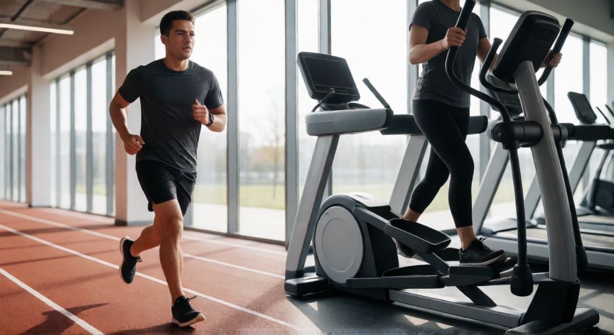 es mejor correr o hacer eliptica, Comparativa visual entre una persona corriendo en pista y otra usando elíptica en gimnasio