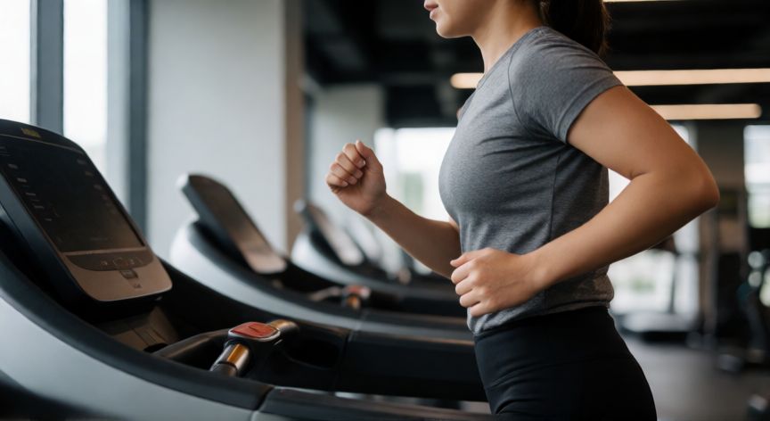 es mejor correr o hacer hiit, Persona corriendo en cinta de gimnasio con equipación deportiva