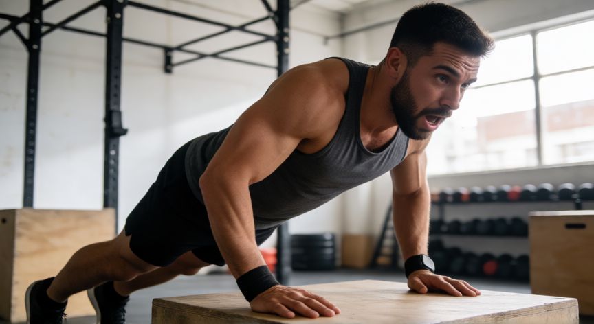 es mejor correr o hacer hiit, Atleta realizando burpees en entrenamiento de alta intensidad HIIT