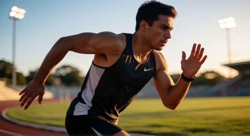 es mejor correr o hacer pesas, Hombre corriendo en una pista de atletismo al atardecer