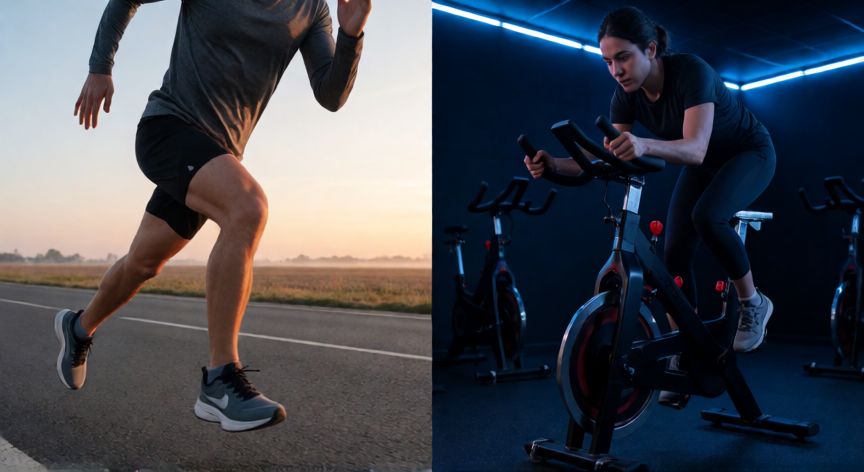 es mejor correr o hacer spinning, Comparativa visual entre un corredor al aire libre y un ciclista en spinning
