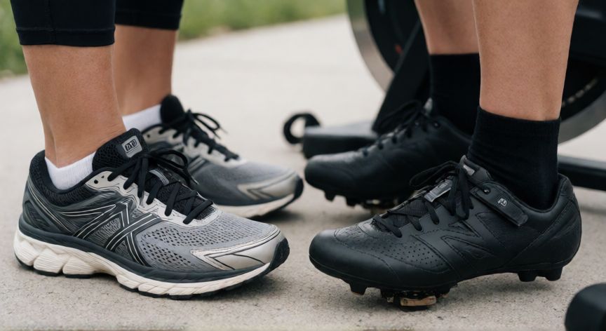 es mejor correr o hacer spinning, Detalle de zapatillas de correr y pedales de bicicleta estática