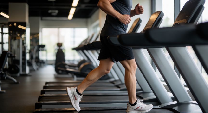 es mejor correr o hacer zumba, Hombre corriendo en cinta de gimnasio enfocado en resistencia cardiovascular