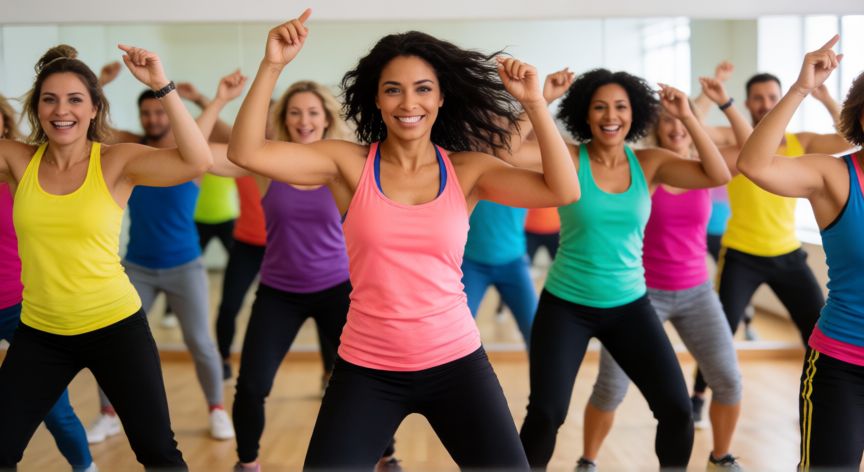 es mejor correr o hacer zumba, Grupo de personas bailando Zumba en estudio con ambiente energético y divertido