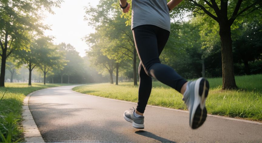 es mejor correr o ir al gym, Persona corriendo en un parque al amanecer para mejorar la resistencia