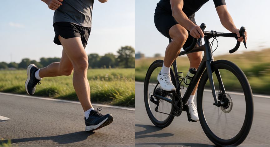 es mejor correr o ir en bici, Comparativa visual entre un corredor y un ciclista en movimiento