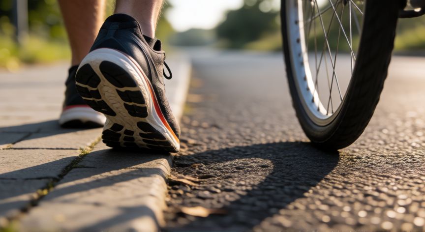 es mejor correr o ir en bici, Detalle de zapatillas de correr y rueda de bicicleta en el asfalto