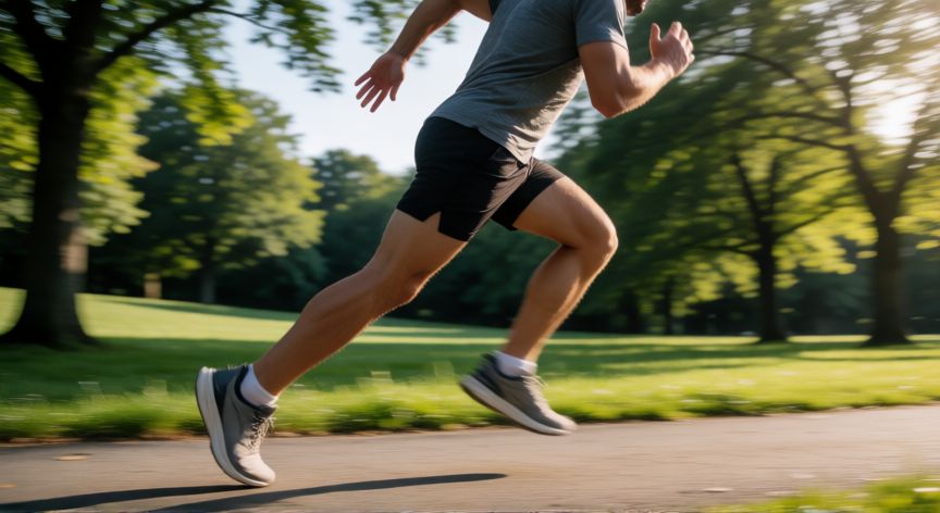 es mejor correr o levantar pesas, Persona corriendo por un parque al amanecer con ropa deportiva