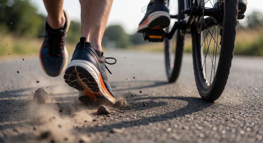 es mejor correr o montar bicicleta, Detalle de zapatillas de correr y rueda de bicicleta en movimiento
