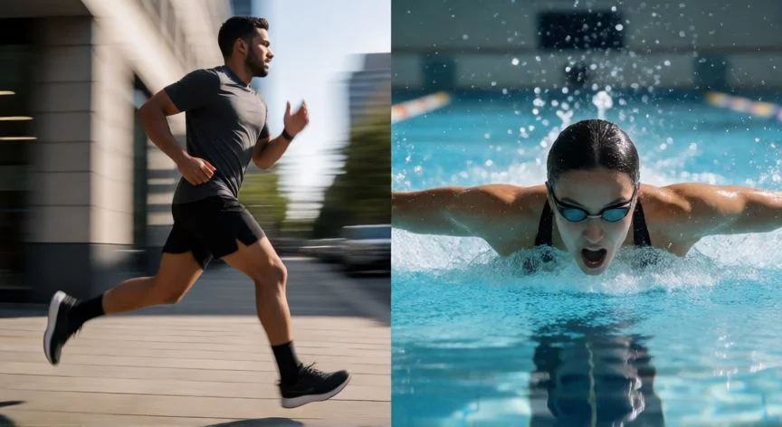 Comparativa visual entre un corredor en la ciudad y un nadador en una piscina