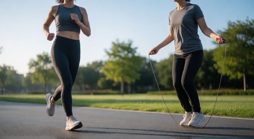 Comparación realista de una persona corriendo y otra saltando la cuerda en un parque urbano
