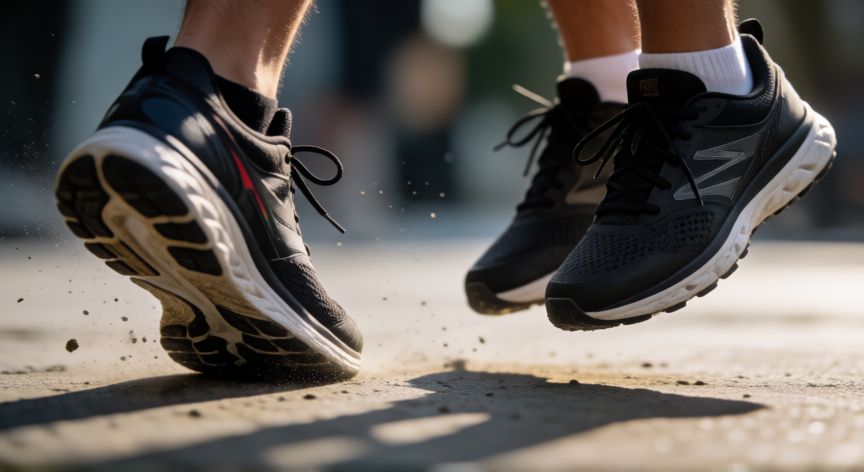 es mejor correr o saltar a la comba, Primer plano de zapatos deportivos impactando el suelo al correr y saltar la comba