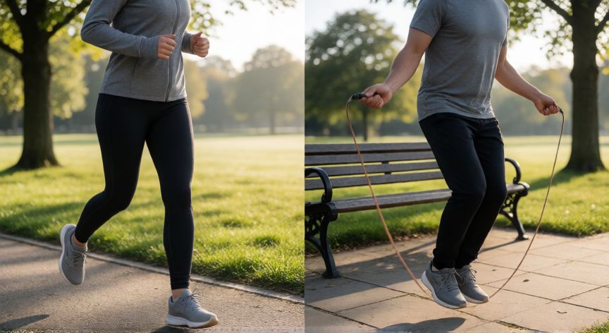 es mejor correr o saltar la cuerda para bajar de peso, Comparativa visual entre una persona corriendo y otra saltando la cuerda en un parque